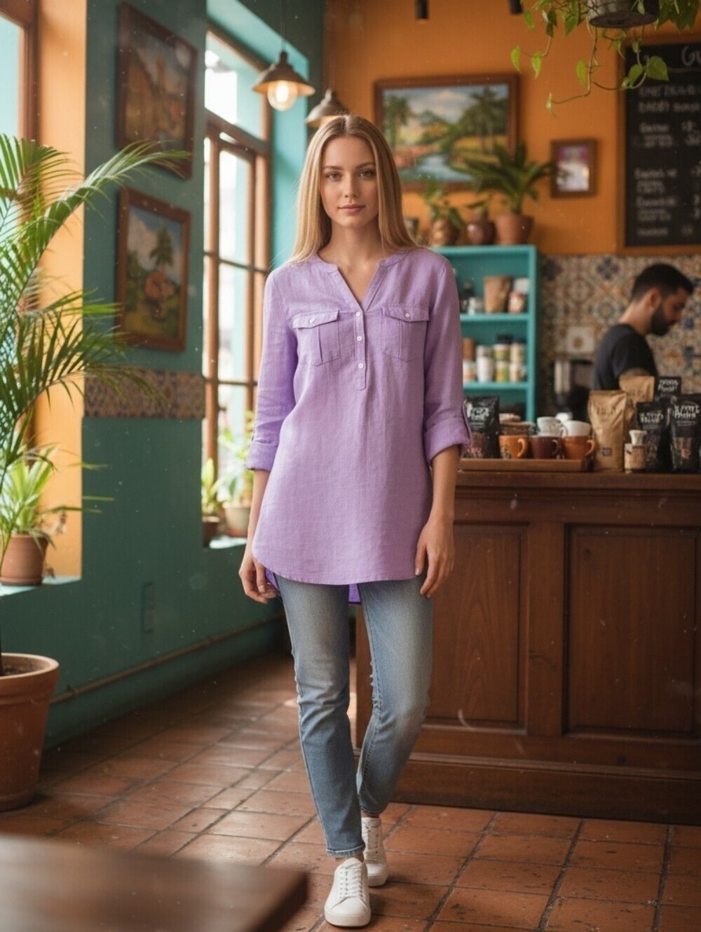 Talbots Lavender Pullover Linen Tunic with Front Pockets